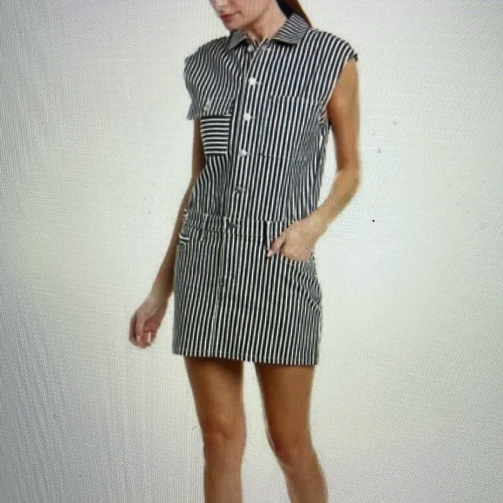 Current/Elliott The Sleeveless Jumpsuit Dress- Navy/White Striped Stretch Denim